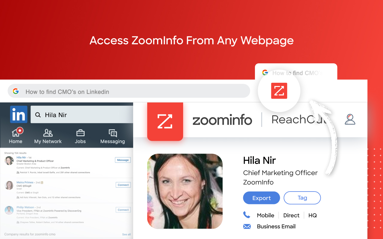 ZoomInfo ReachOut offers the best B2B intelligence, on-the-go, while you search company websites and on LinkedIn in Google Chrome