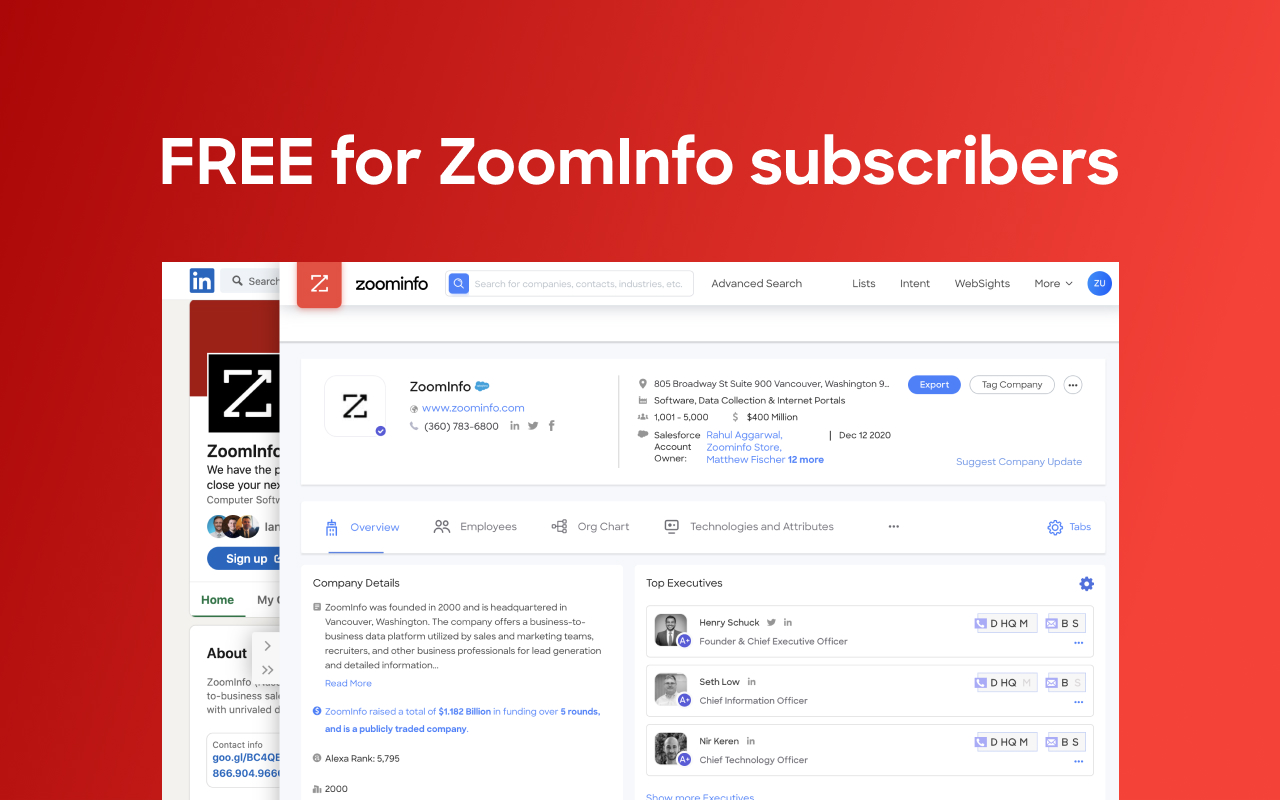 ZoomInfo ReachOut is a free Google Chrome extension that allows every customer to access ZoomInfo contact and company profiles as they browse corporate websites and LinkedIn profiles